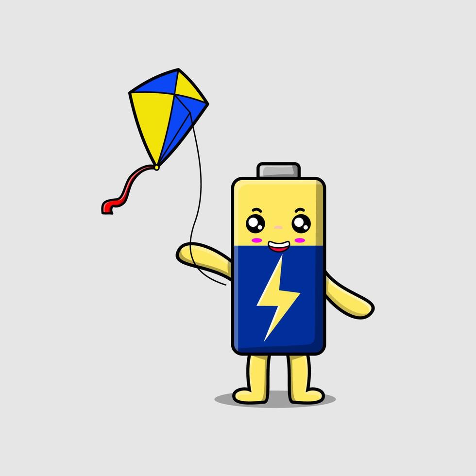 Cute cartoon Battery character playing kite flying vector