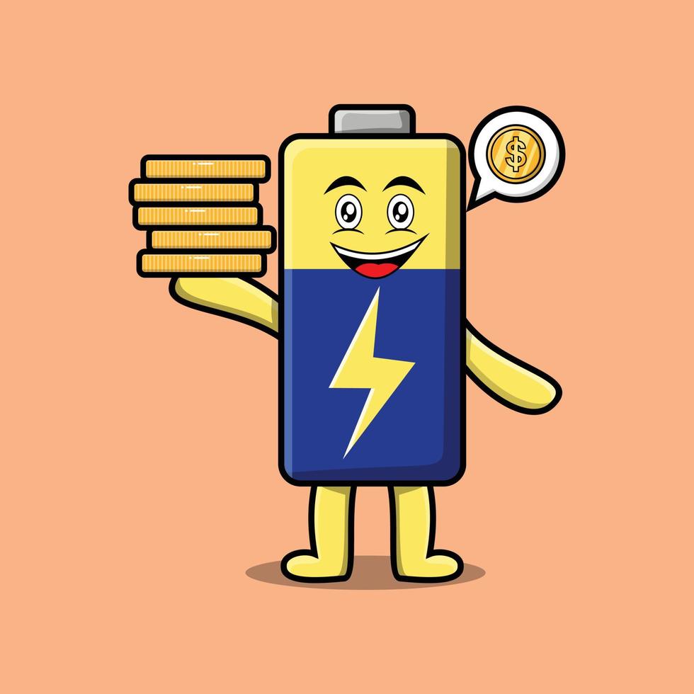 Cute cartoon battery holding in stacked gold coin vector