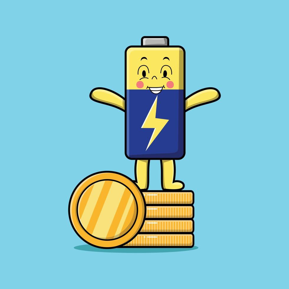 Cute cartoon battery standing in stacked gold coin vector