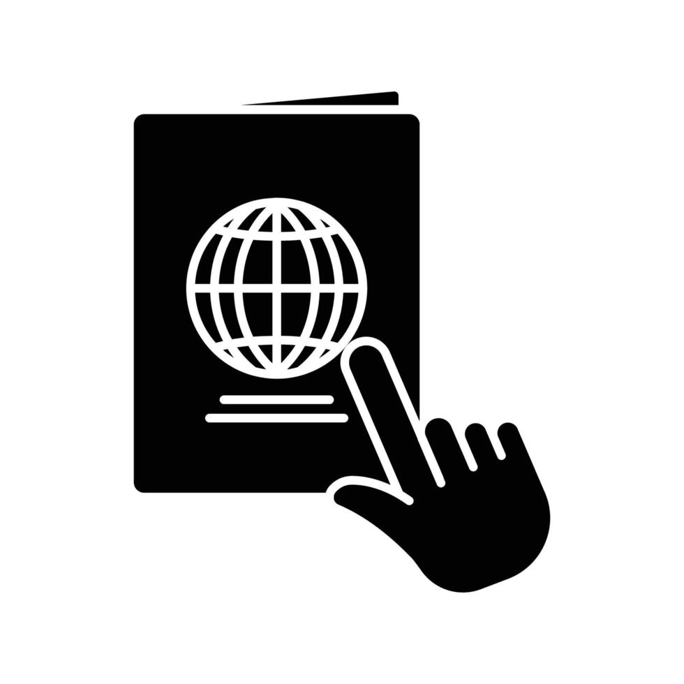 ilustración de icono de glifo táctil de mano con pasaporte. ícono relacionado con el pasaporte en línea. diseño simple editable vector