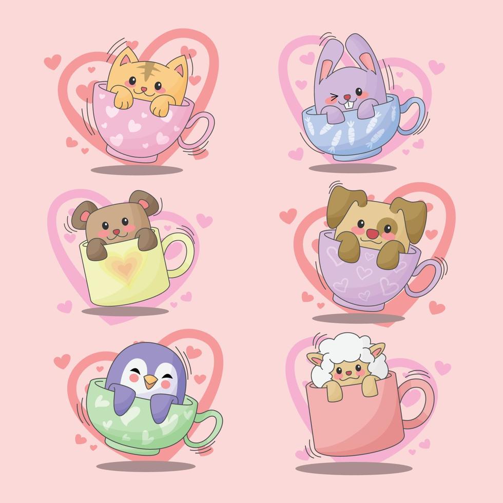 Cute valentines day animals in a cup hand drawn cartoon illustration vector