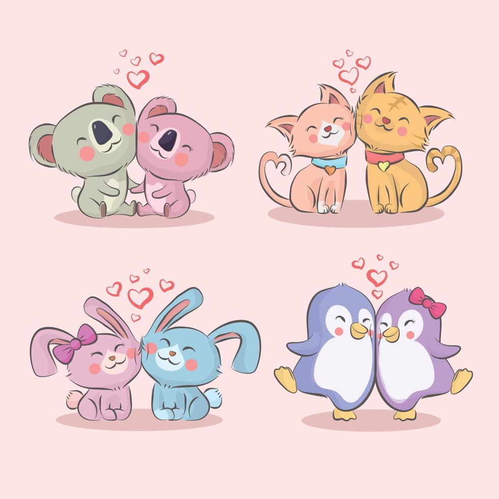 lindas parejas de animales en el día de san valentín colección de dibujos animados dibujados a mano vector