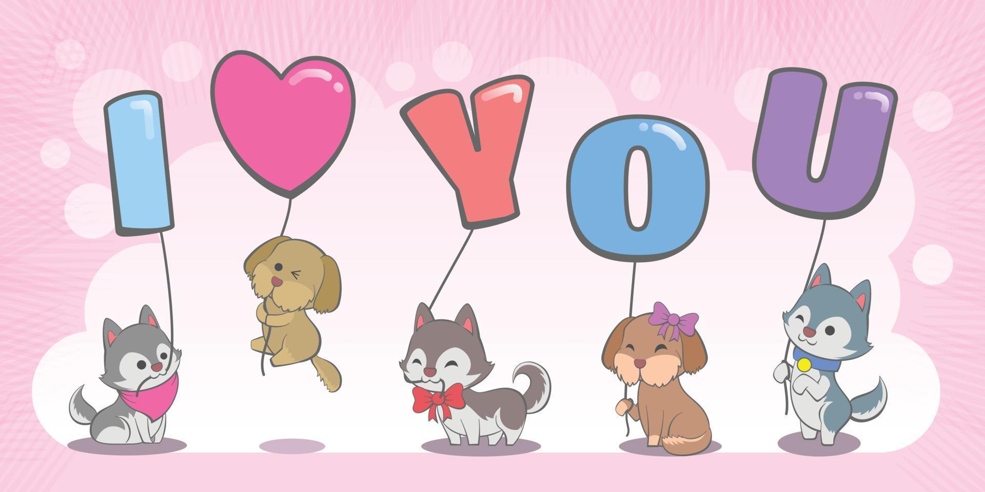 lindo san valentín mascotas perros sosteniendo amor globo dibujado a mano dibujos animados ilustración de fondo vector