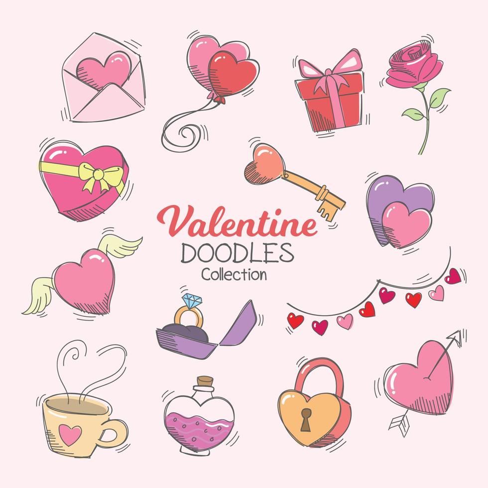 colección de elementos de dibujos animados dibujados a mano de doodle de san valentín vector