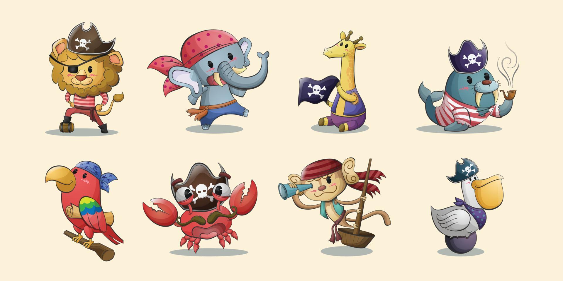 ilustración de colección de personajes de dibujos animados de piratas animales vector