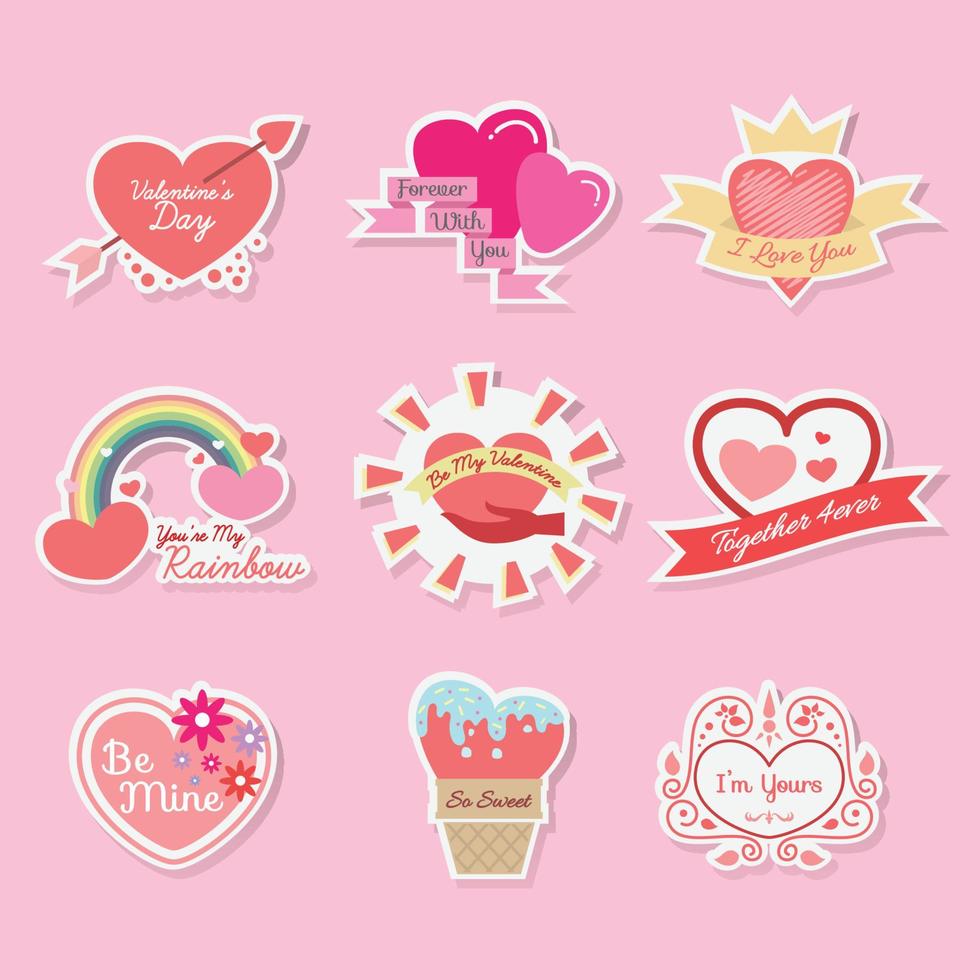 Valentine's day sticker badges labels flat hand drawn cartoon vector