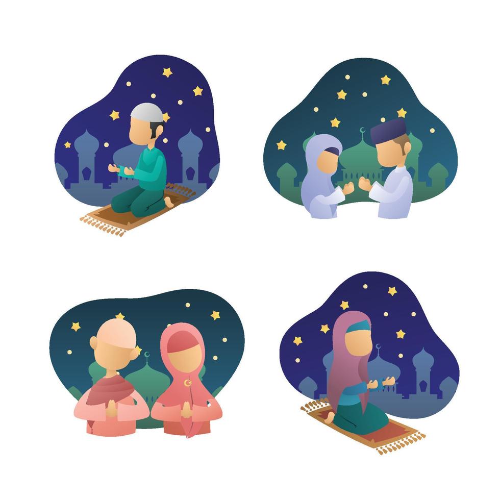 Ramadan kareem moslem characters greeting praying activities gradient flat collection vector