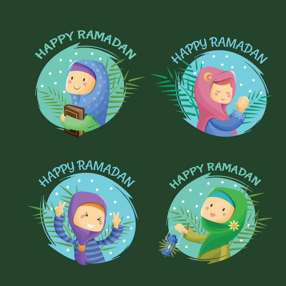 colección de dibujos animados de personaje de niña de insignia de etiqueta de ramadán kareem vector