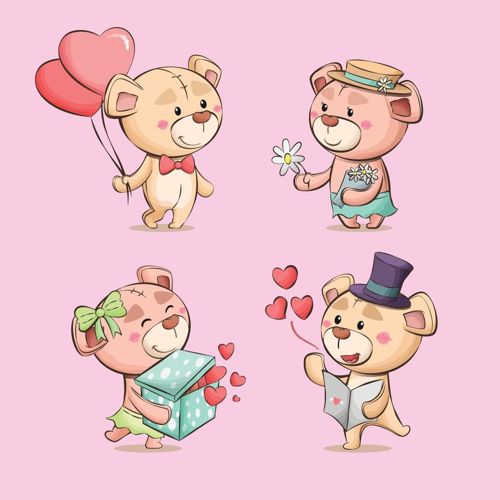 san valentín oso de peluche amor linda pareja personajes dibujados a mano colección de ilustración de dibujos animados vector