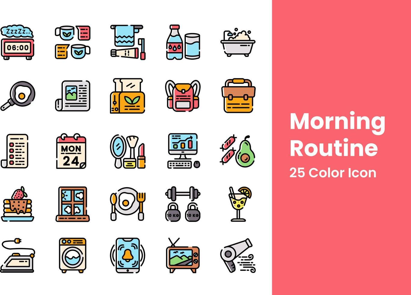 conjunto de colores de icono de rutina matutina vector