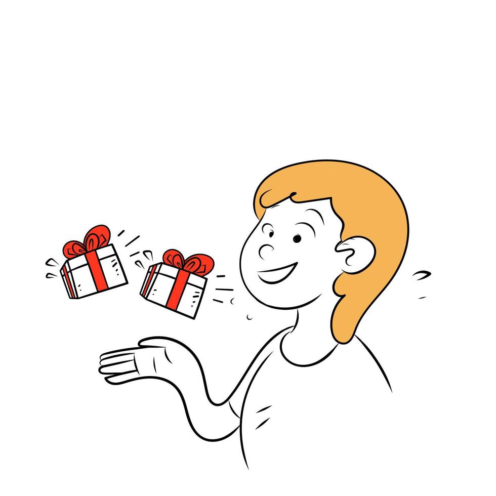 hand drawing doodle girl holding and showing gift box illustration vector