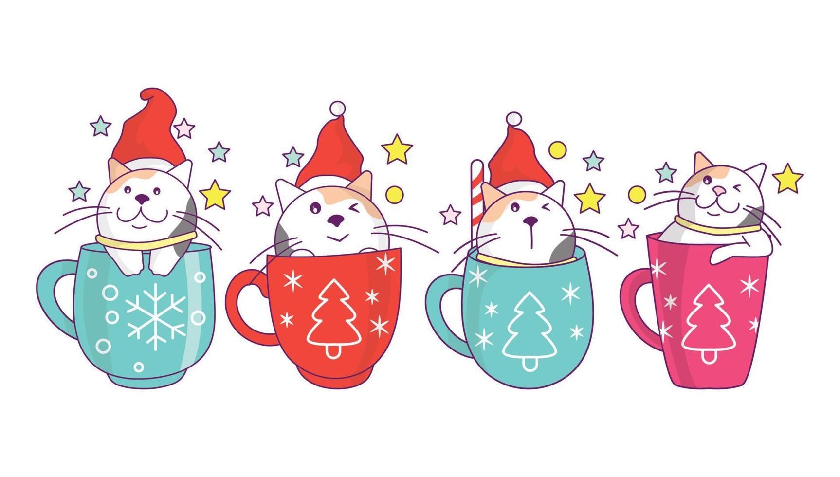 colección de lindo gato en taza de bebida de navidad, café o té con estilo de dibujos animados de garabatos. vector