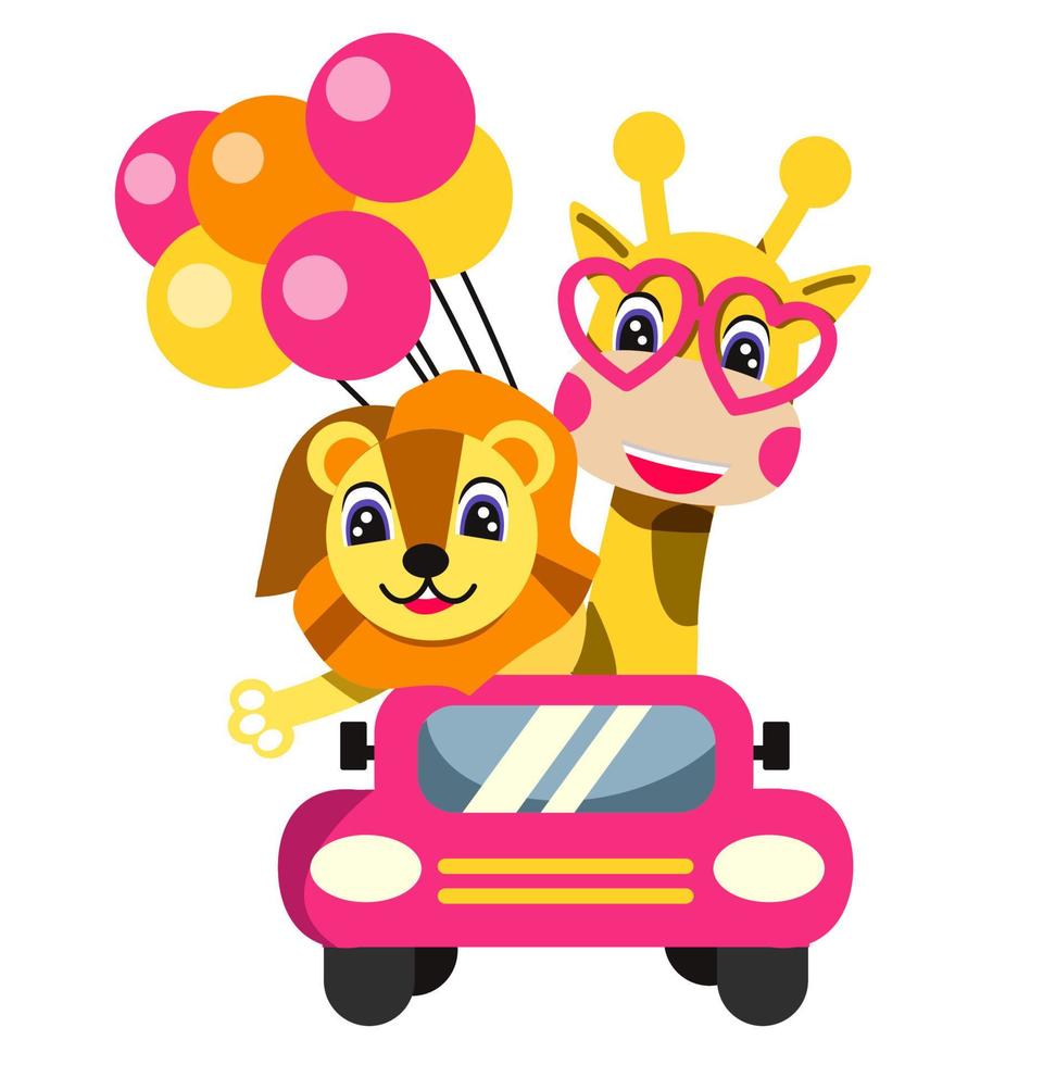 jirafa y lione en un coche. ilustración de niños lindos. vector