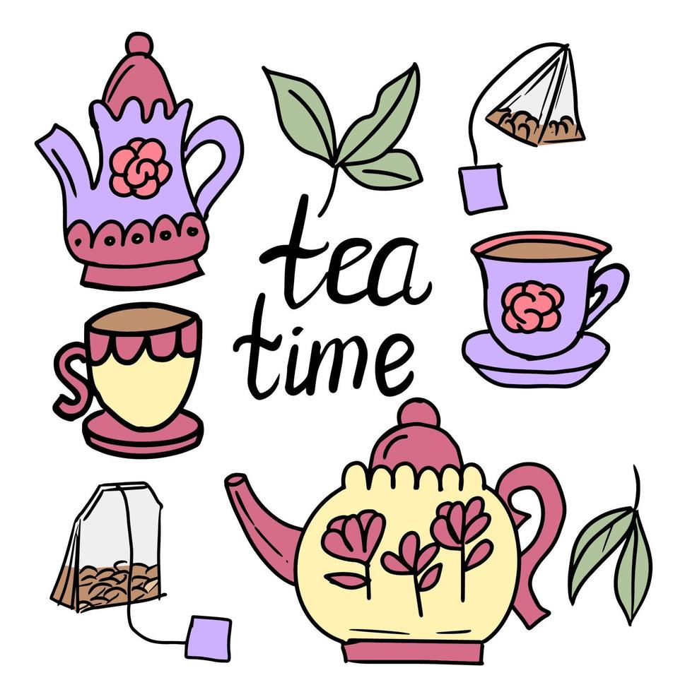 Tea time set with teapot, cups, teabags. Vector illustration.