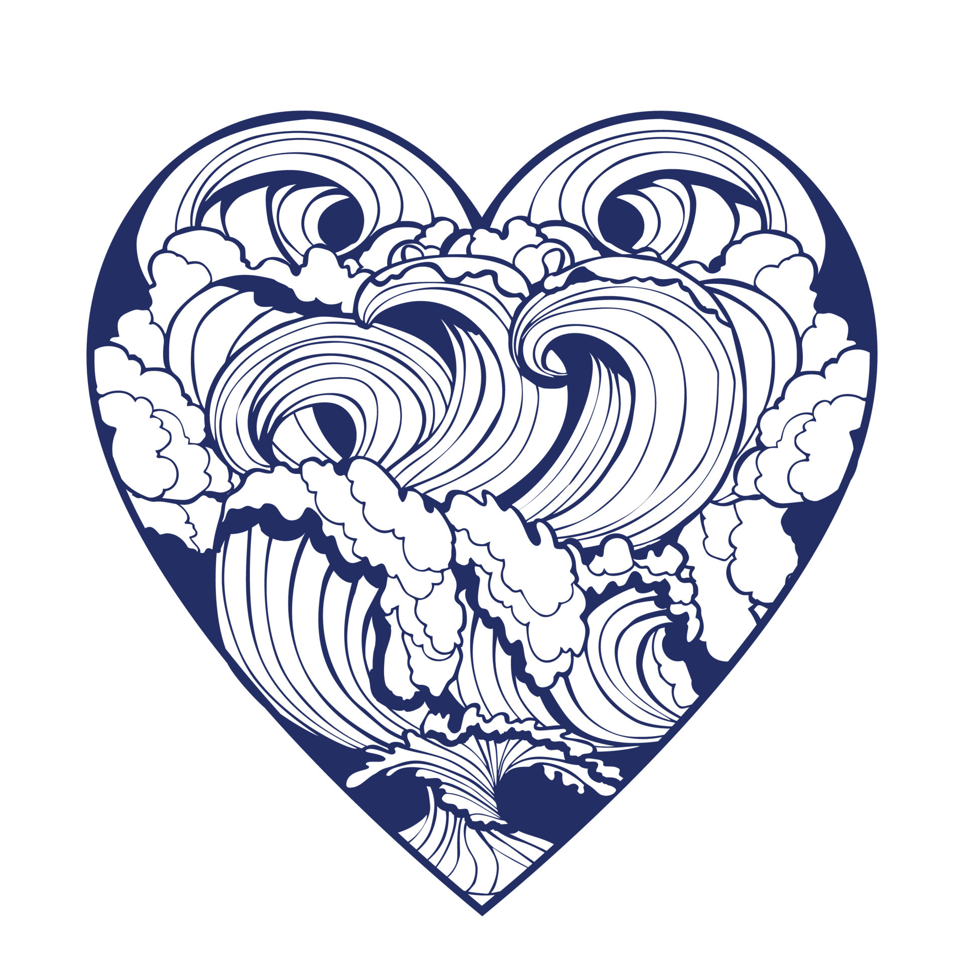Sea Waves Heart. Graphic Hand Drawn Ocean Waves Print for TShirt Cards