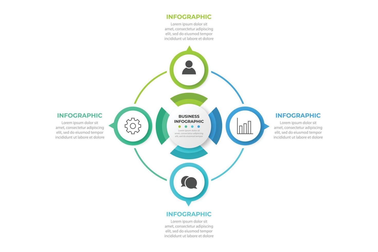 la plantilla de elemento de círculo infográfico se puede utilizar para diseño de flujo de trabajo, diagrama, opciones de número, diseño web. concepto de negocio infográfico con 4 opciones, partes, pasos o procesos. vector