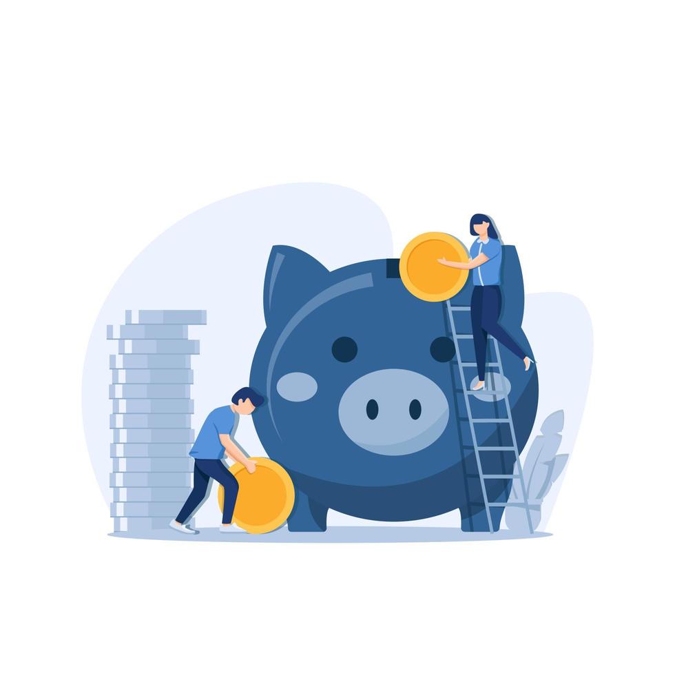 a large piggy bank in the form of a piglet on a white background,saving or accumulating money,Large piggy bank with business people and golden coin vector