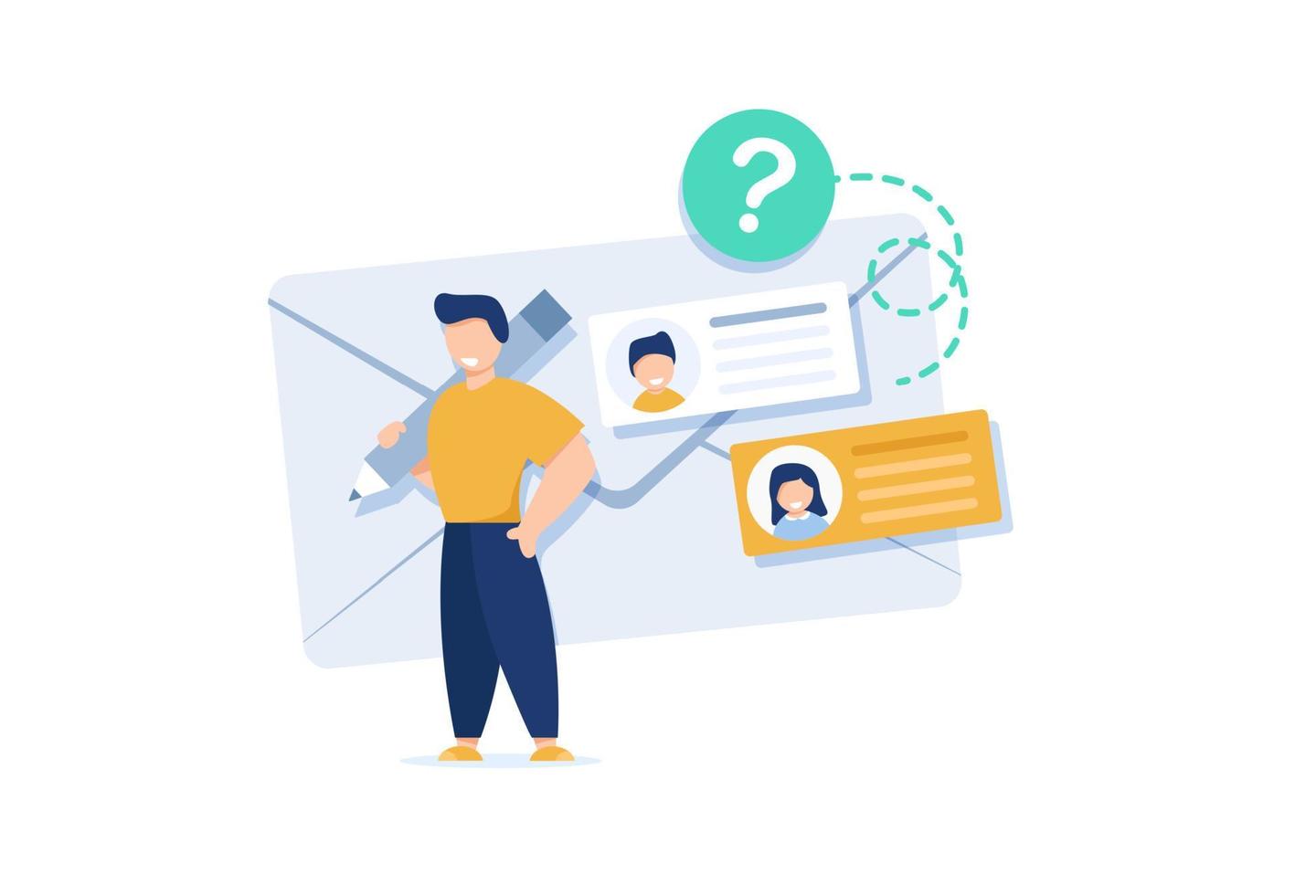 Working process. New email message, mail notification. Social network, chat. Boy reading or write letter vector