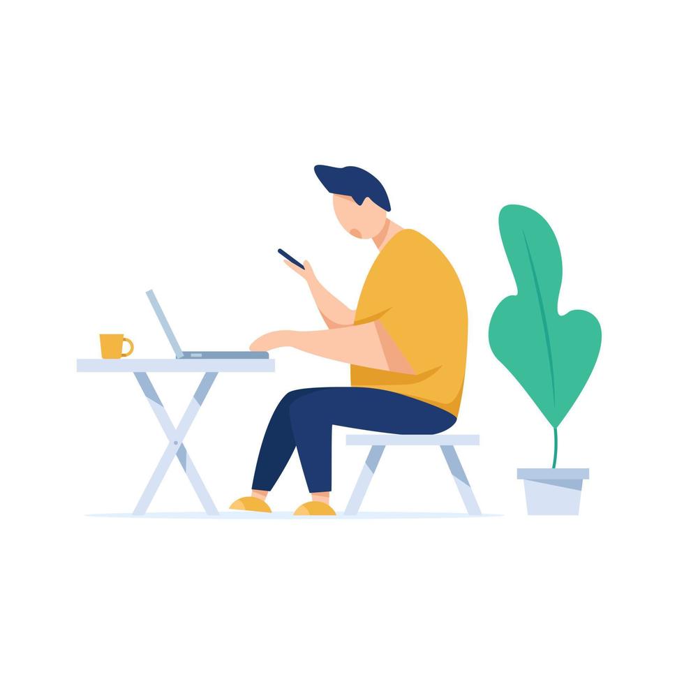 Handsome man is working at his laptop,Modern office interior with work process icons vector
