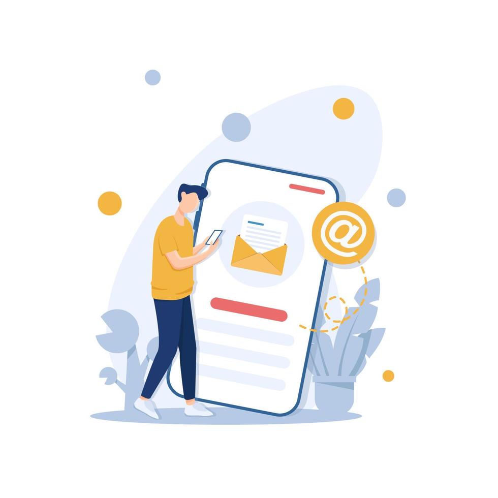 notificación de un nuevo correo electrónico en el teléfono móvil o smartphone. icono de correo, correo electrónico y personas pequeñas vector