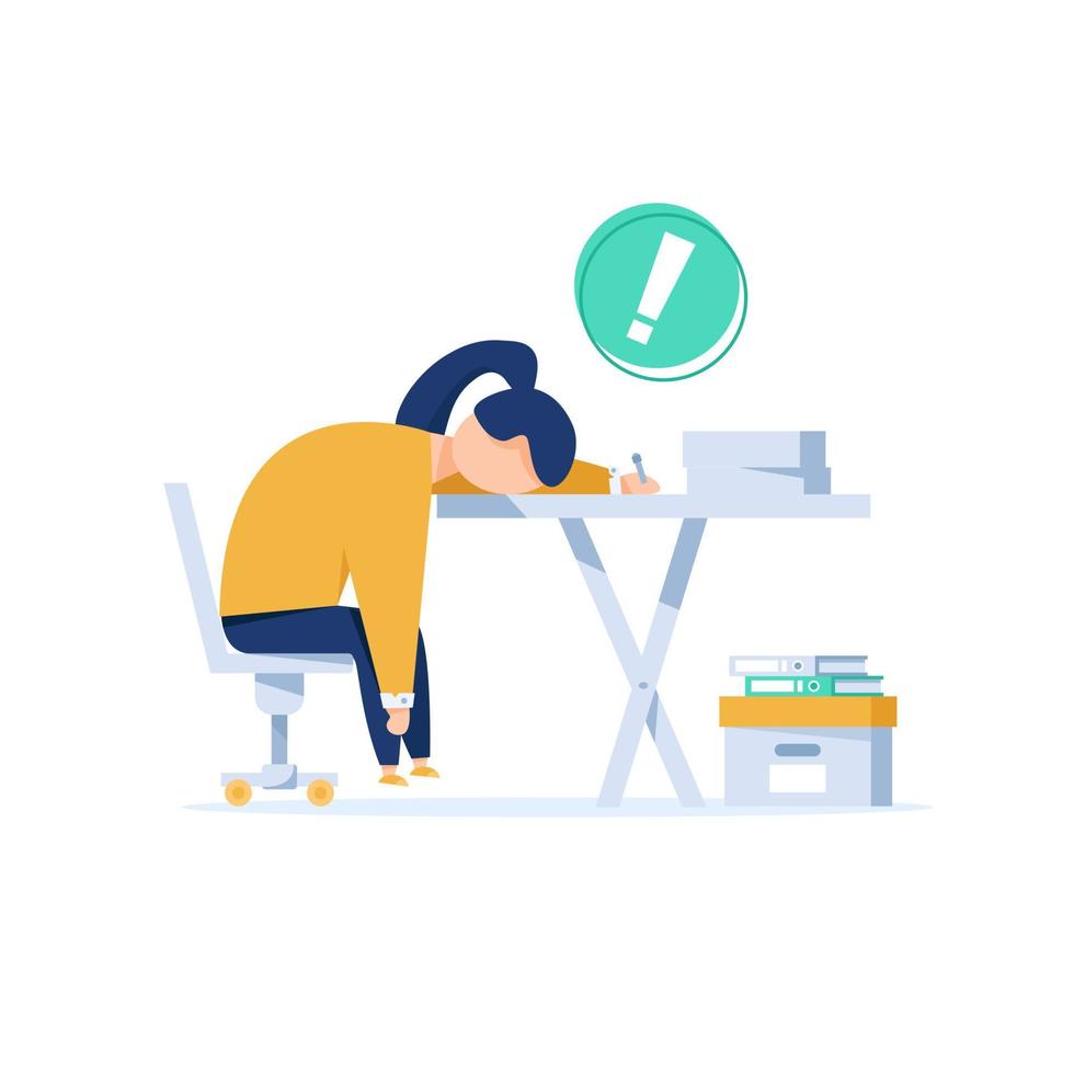exhausted,Burnout concept,Long working day,Frustrated worker,Young exhausted manager sitting at the office vector