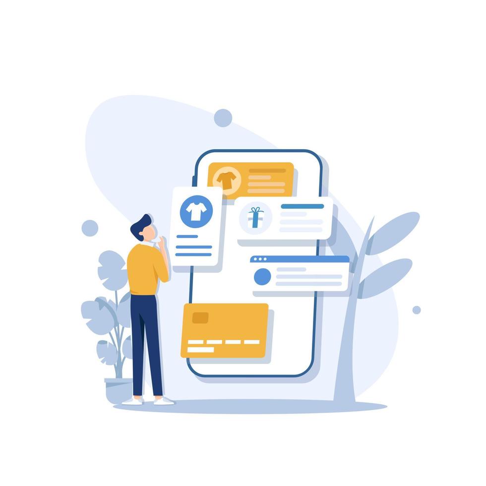 concepto moderno de diseño plano de compras en línea con personas pequeñas, desarrollo de sitios web móviles. diseño de interfaz de usuario y ux vector