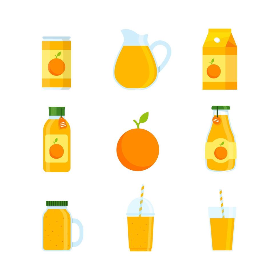 bebida de naranja en lata, vaso de plástico y vaso de vidrio aislado en fondo blanco, jugo y batido vector