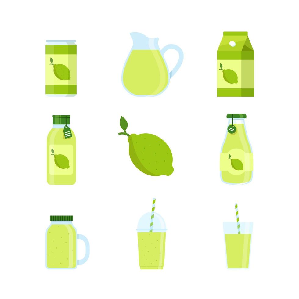 limonada en lata, vaso de plástico y vaso de vidrio aislado en fondo blanco, jugo y batido vector