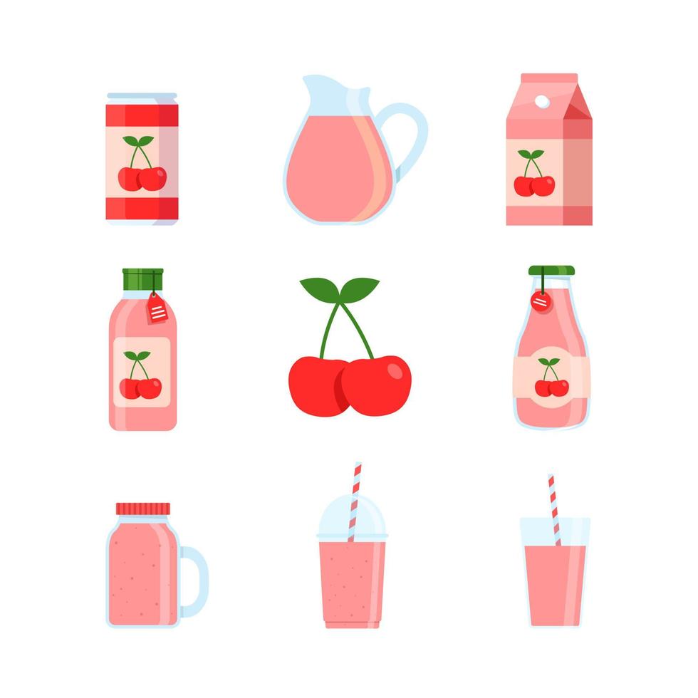 bebida de cereza en lata, vaso de plástico y vaso de vidrio aislado en fondo blanco, bebida - jugo y batido vector