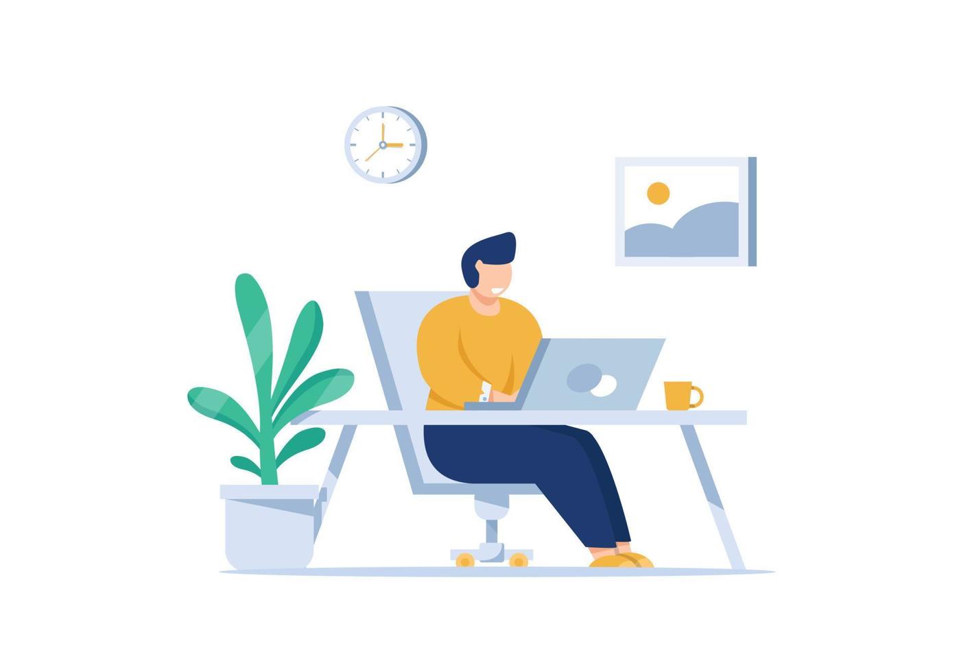 Handsome man is working at his laptop,Modern office interior with work process icons vector