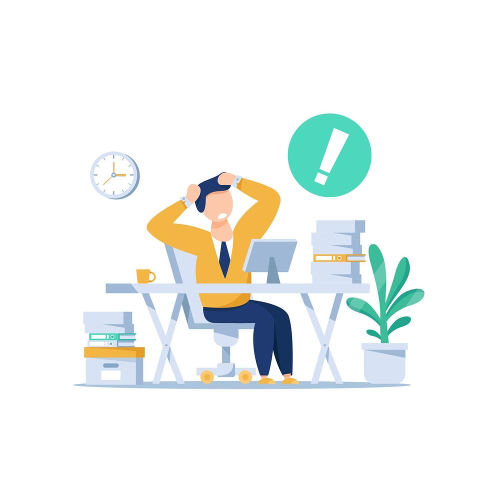 Tired and exasperated office worker,lot of work, Rush work. Flat style modern design vector