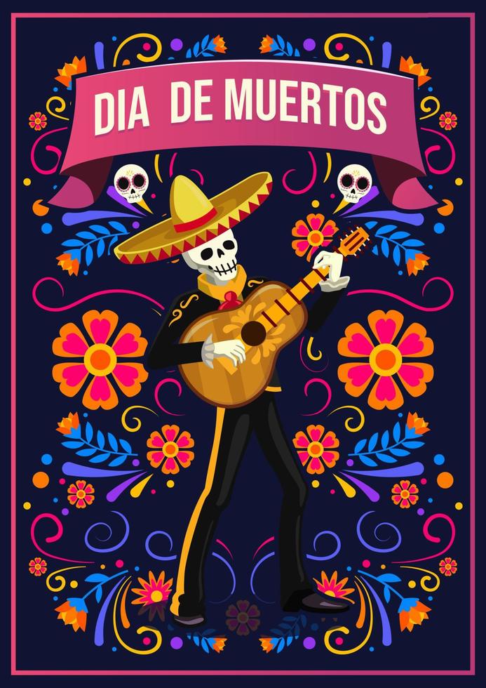 dia de los muertos, día de los muertos o tarjeta de felicitación de halloween, pancarta, invitación. calaveras de tatuajes de azúcar, flores de caléndula, catrina calavera decoración de esqueleto tradicional de México ilustración vectorial. vector