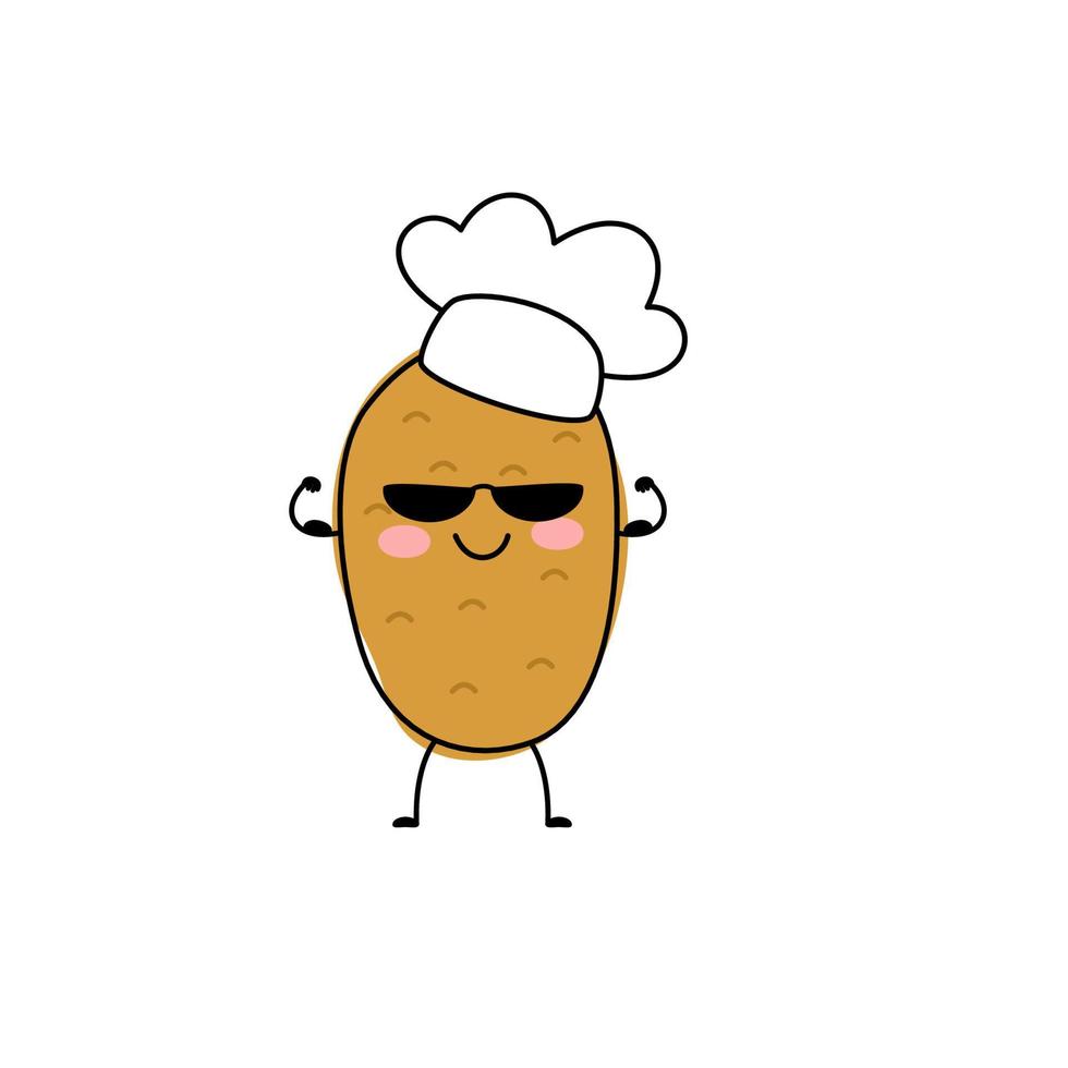 Cute happy potato character chef. Vector flat cartoon character illustration icon. Concept potato farm vegetable. Isolated on white background.