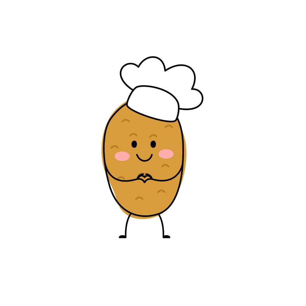 Cute happy potato character chef. Vector flat cartoon character illustration icon. Concept potato farm vegetable. Isolated on white background.