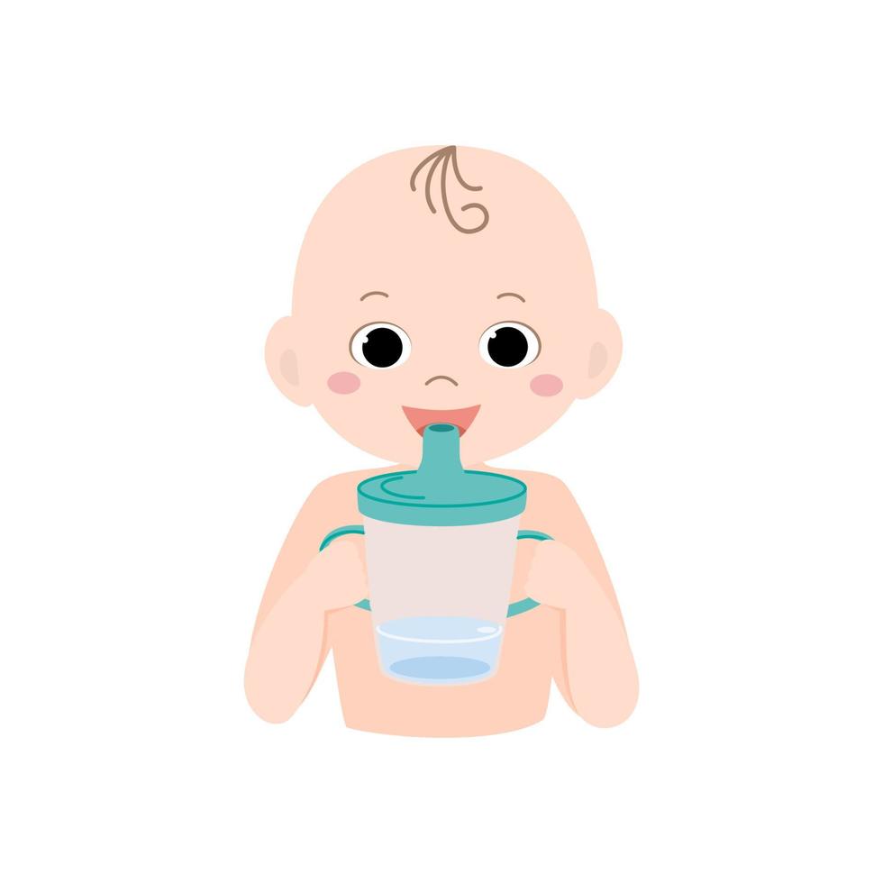 Cute baby boy drinking water from cup. Concept of a healthy lifestyle for children. Vector illustration in cartoon flat style.