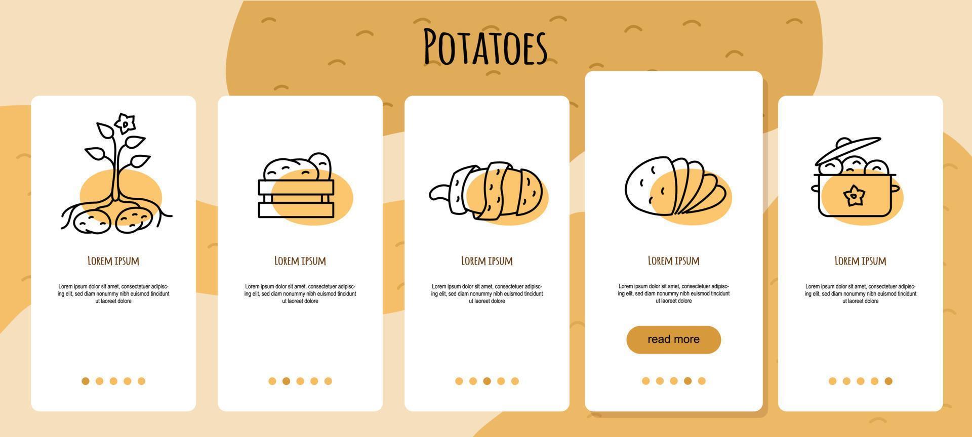 Design Mobile app for ordering or cultivation fresh potato. Vegetables delivery service. Concept potato farm vegetable. Cartoon flat vector illustration.