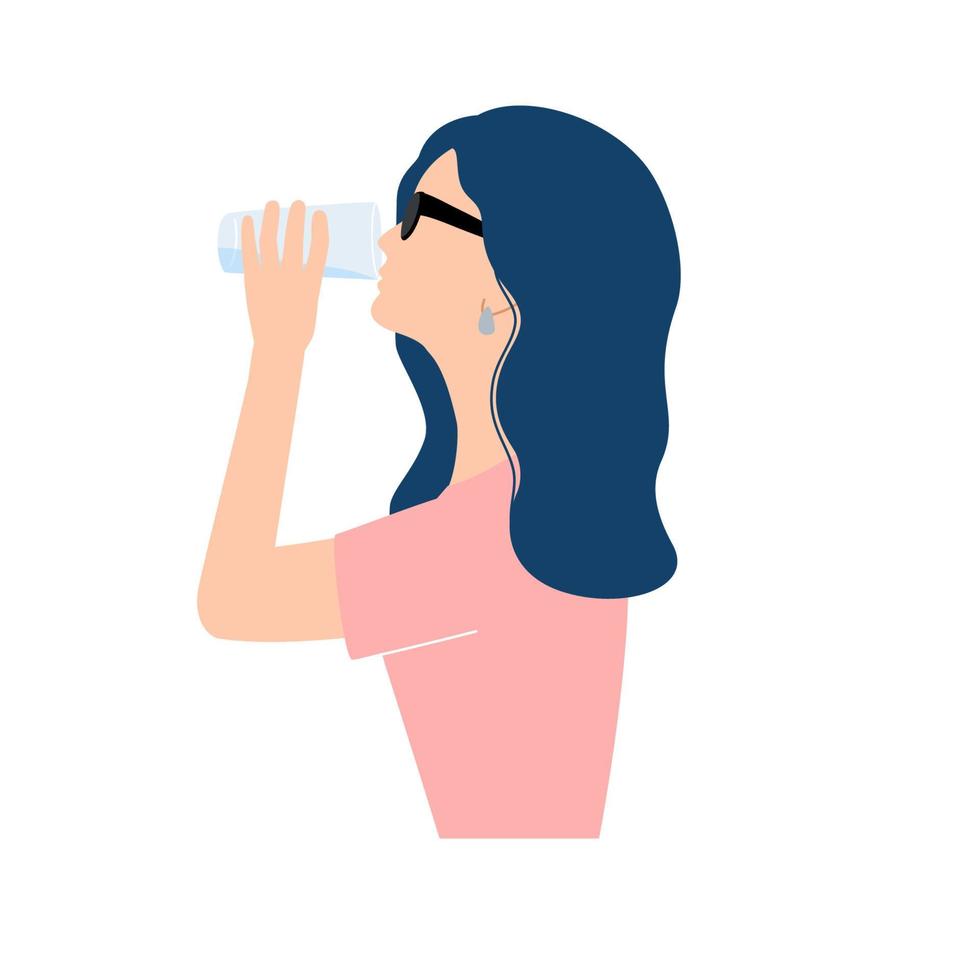 Girl drink a glass of water. Concept of a healthy lifestyle. Vector illustration in cartoon flat style.