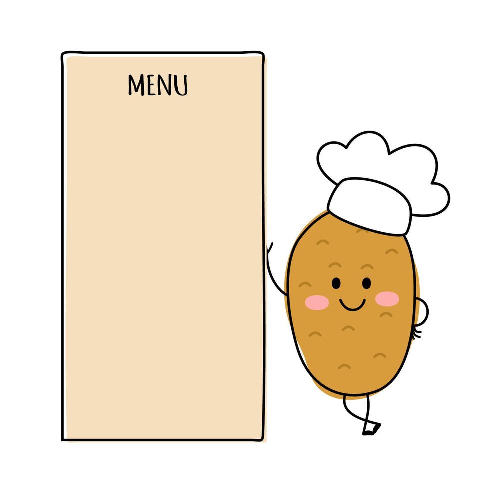Cute happy potato character chef. Vector flat cartoon character illustration icon. Concept potato farm vegetable. Isolated on white background.