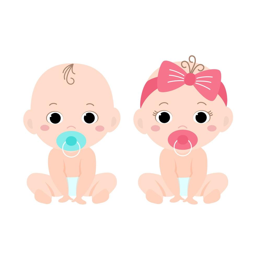 Baby with pacifiers sit on a white background. Vector illustration of cute twins boy and girl in childish cartoon style.