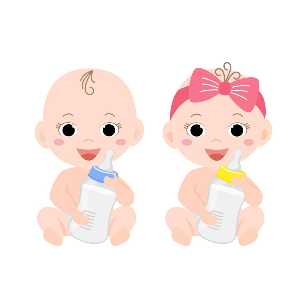 Baby with a bottle of milk sit on a white background. Vector illustration of cute twins boy and girl in childish cartoon style.