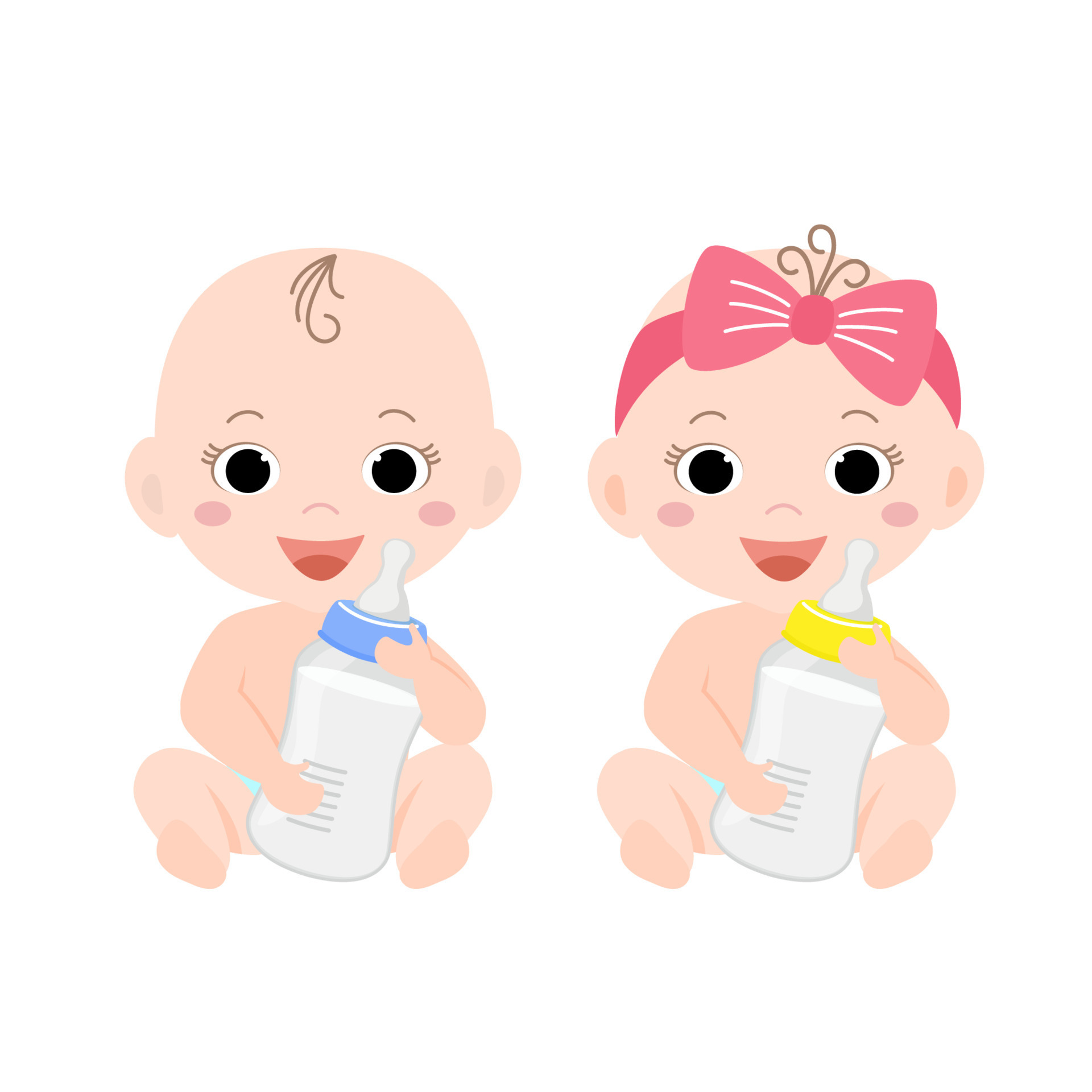 Baby with a bottle of milk sit on a white background. Vector illustration  of cute twins boy and girl in childish cartoon style. 13269576 Vector Art  at Vecteezy