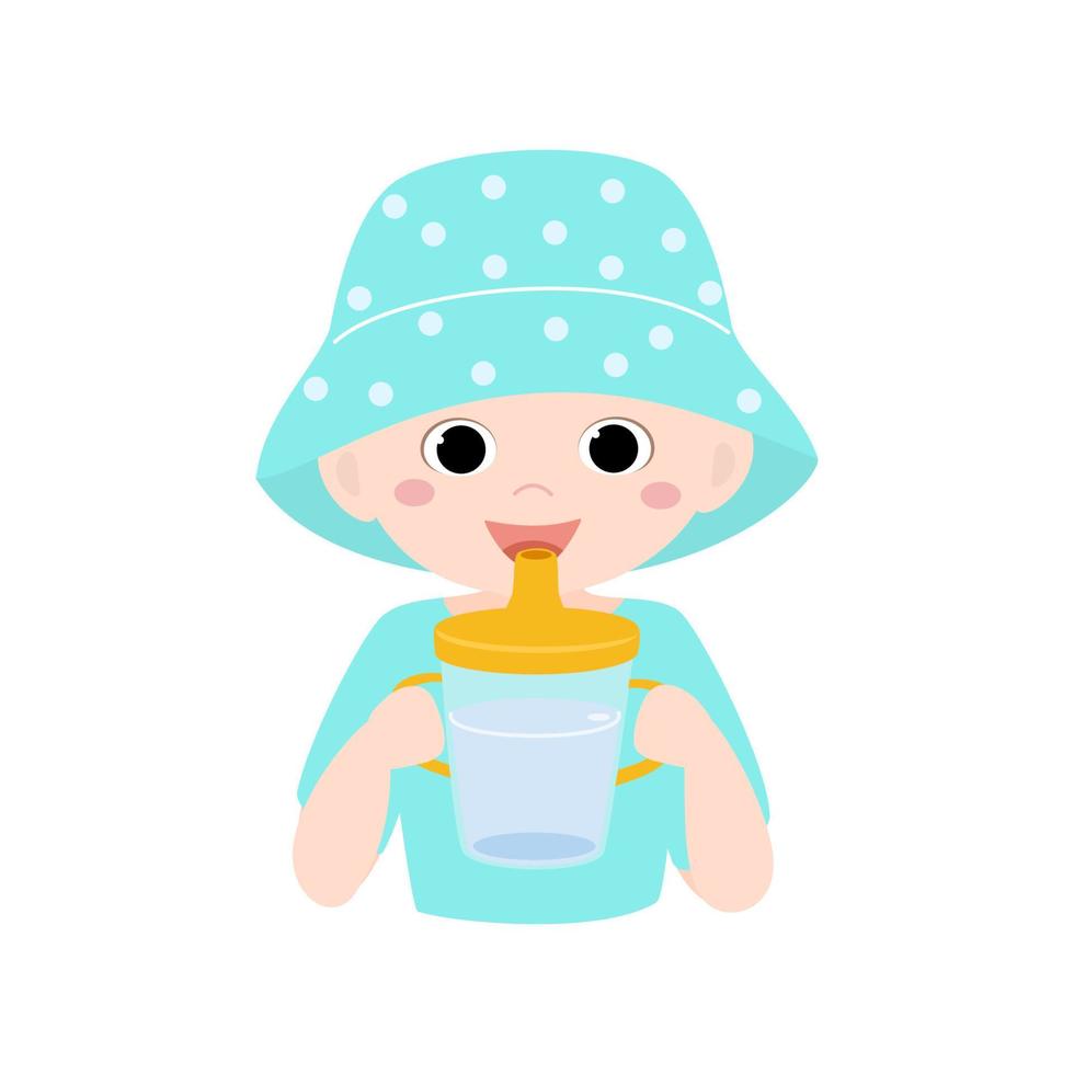 lindo bebé en panamá bebiendo agua de una taza. concepto de un estilo de vida saludable para los niños. ilustración vectorial en estilo plano de dibujos animados. vector