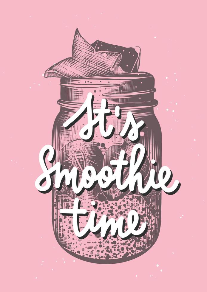 Vector engraved style smoothie jar illustration for posters, decoration, logo and print. Hand drawn sketch with lettering on pink background. It's smoothie time. Detailed vintage drawing.