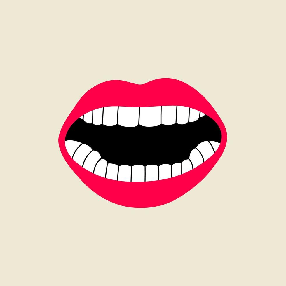 Open female human mouth with teeth in modern flat, line style. Hand drawn vector illustration of lips, open mouth, whispering, screaming, singing, talking, podcast. Fashion patch, badge, emblem.