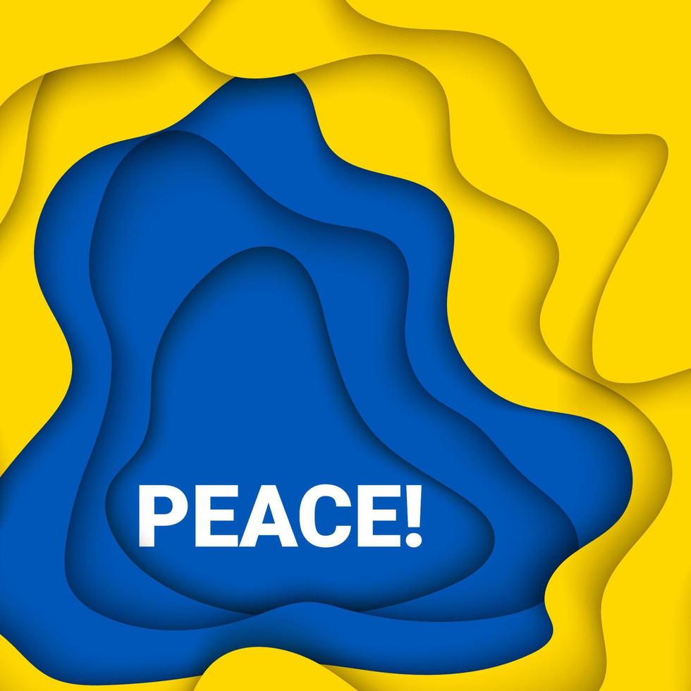 papel vectorial cortado ilustración de fondo amarillo y azul de orar por, apoyar, detener el concepto de guerra con el signo de prohibición en los colores de la bandera. paz ucrania y banner de ataque militar vector