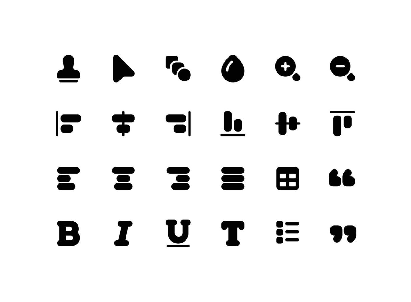 Cute file editor solid glyph icon set with font text related icons vector