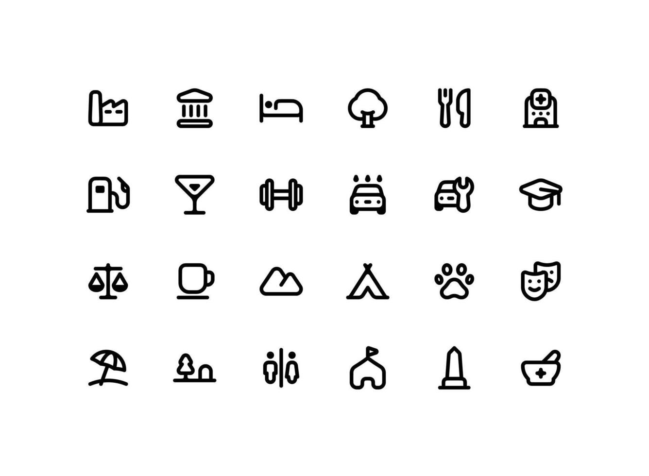 Cute map pointer outline icon set with places related line icons vector