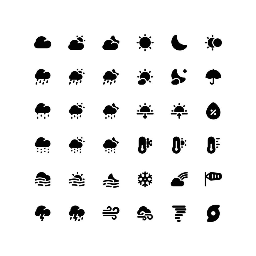 Cute weather solid glyph icon set with the forecast related icons vector