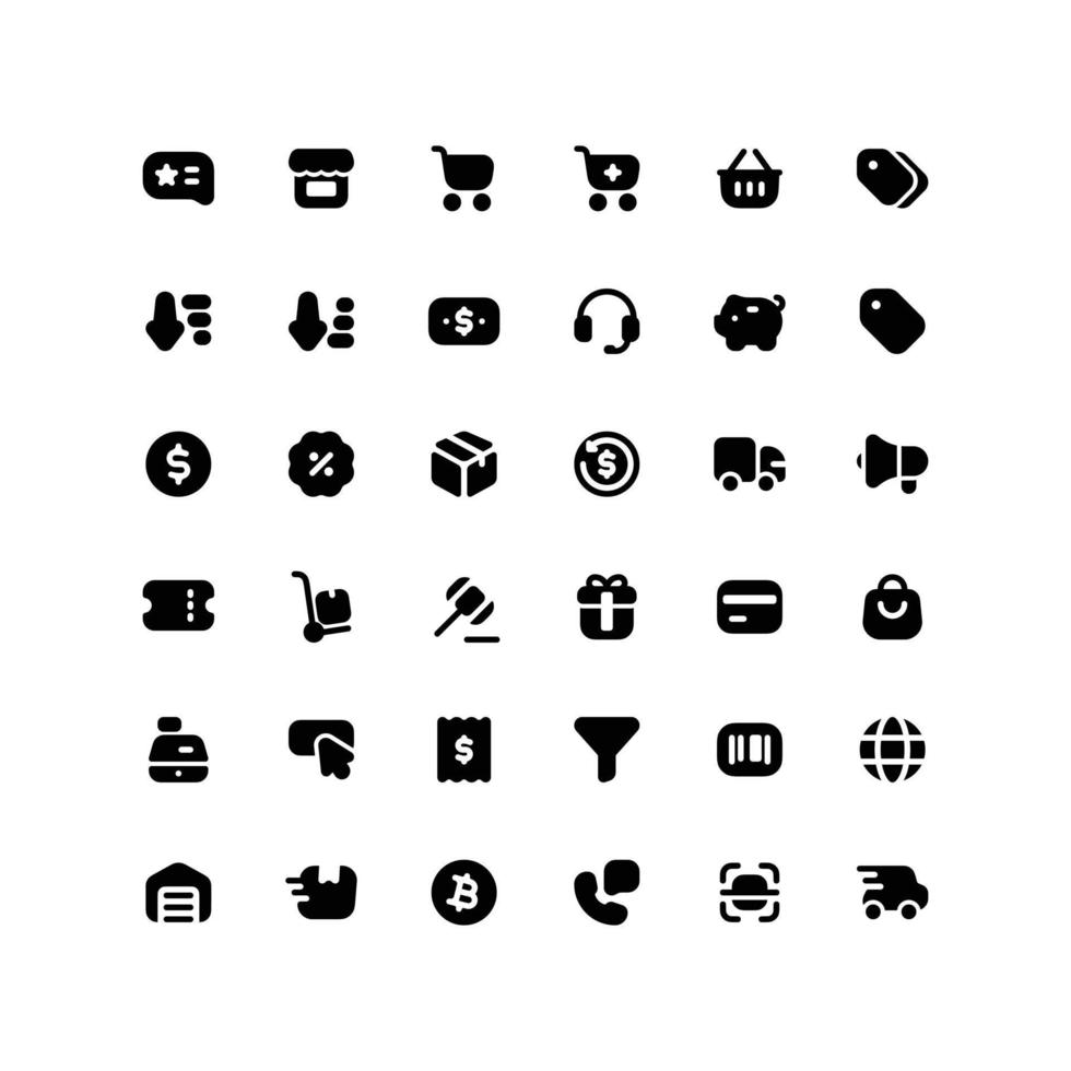 lindo conjunto de iconos de glifo sólido de comercio electrónico con iconos relacionados con el negocio vector