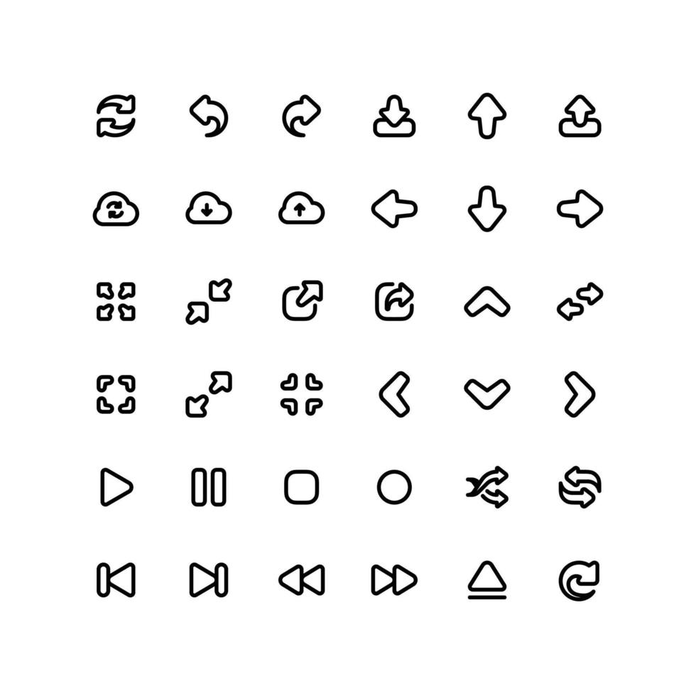 lindo conjunto de iconos de contorno de flecha con iconos de línea relacionados con el reproductor multimedia vector